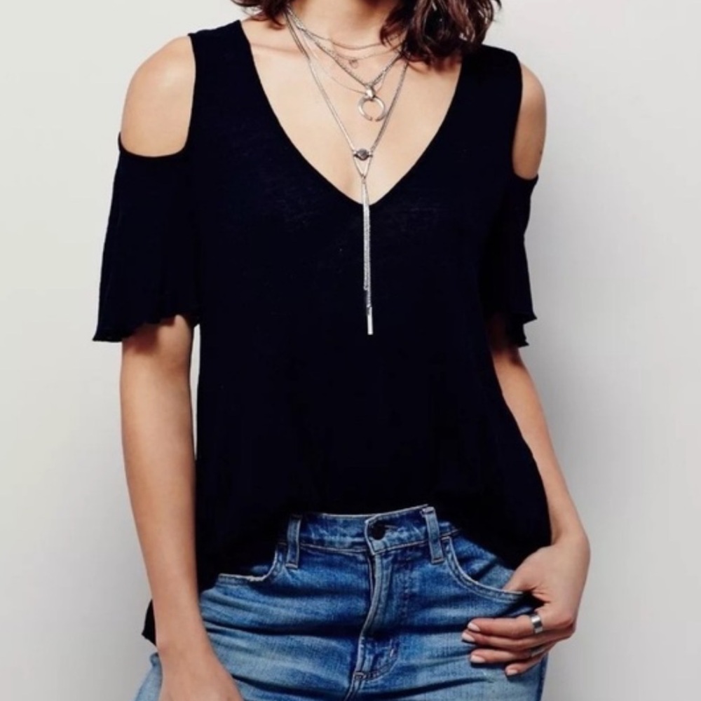 Free People Black Cold Shoulder Linen Blend Top XS